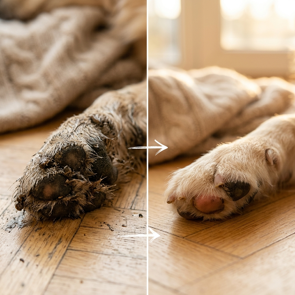 A muddy dog paw before cleaning next to the same paw clean after using Waggira