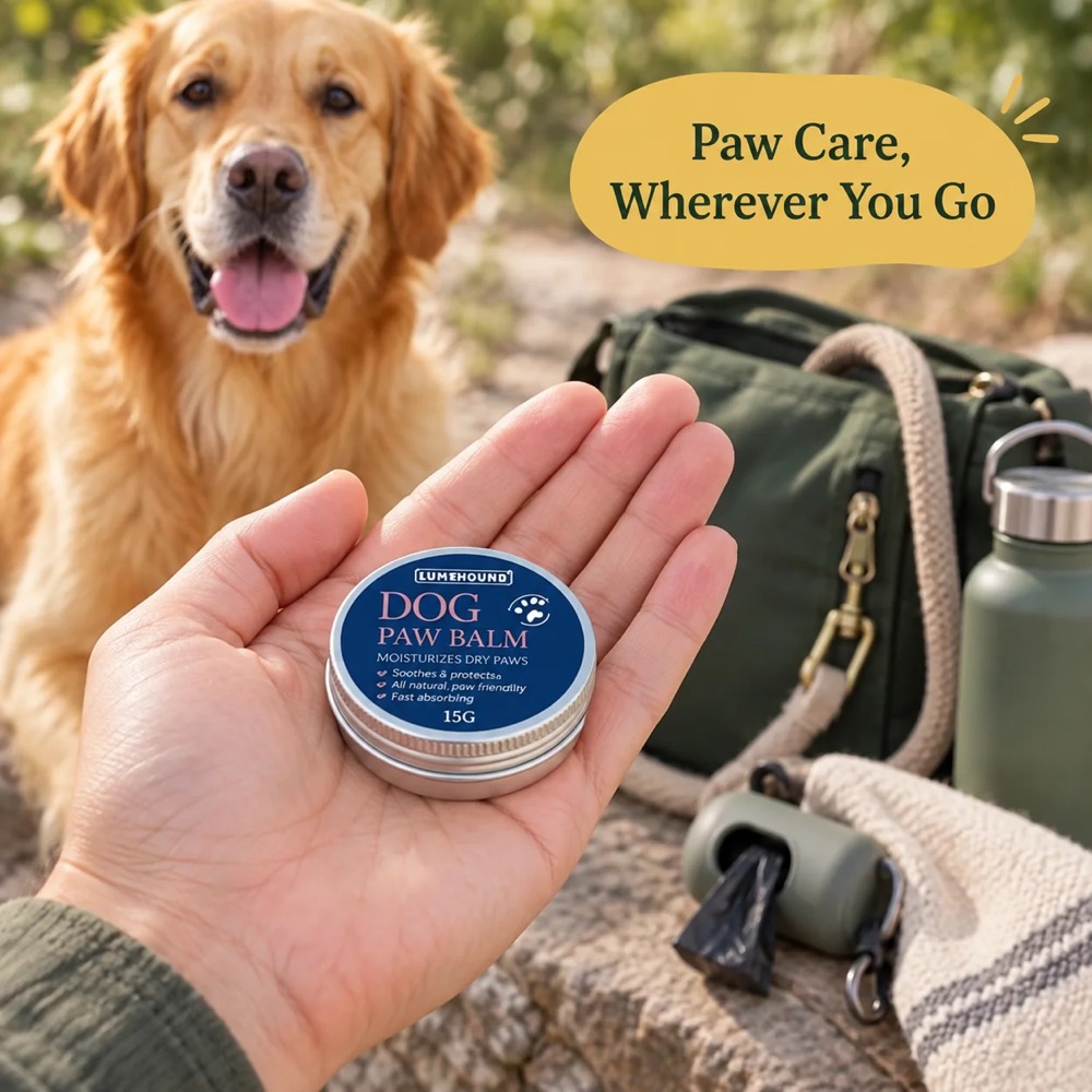 Waggira Dog Paw Balm tin held in hand, with a dog outdoors