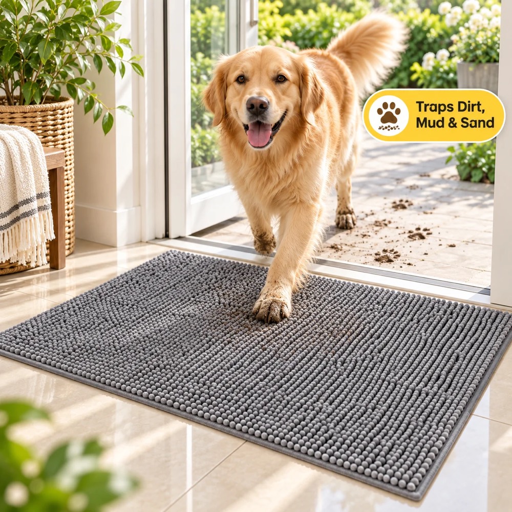 Golden retriever stepping onto the Waggira Paw Cleaning Mat with a muddy paw, at the door