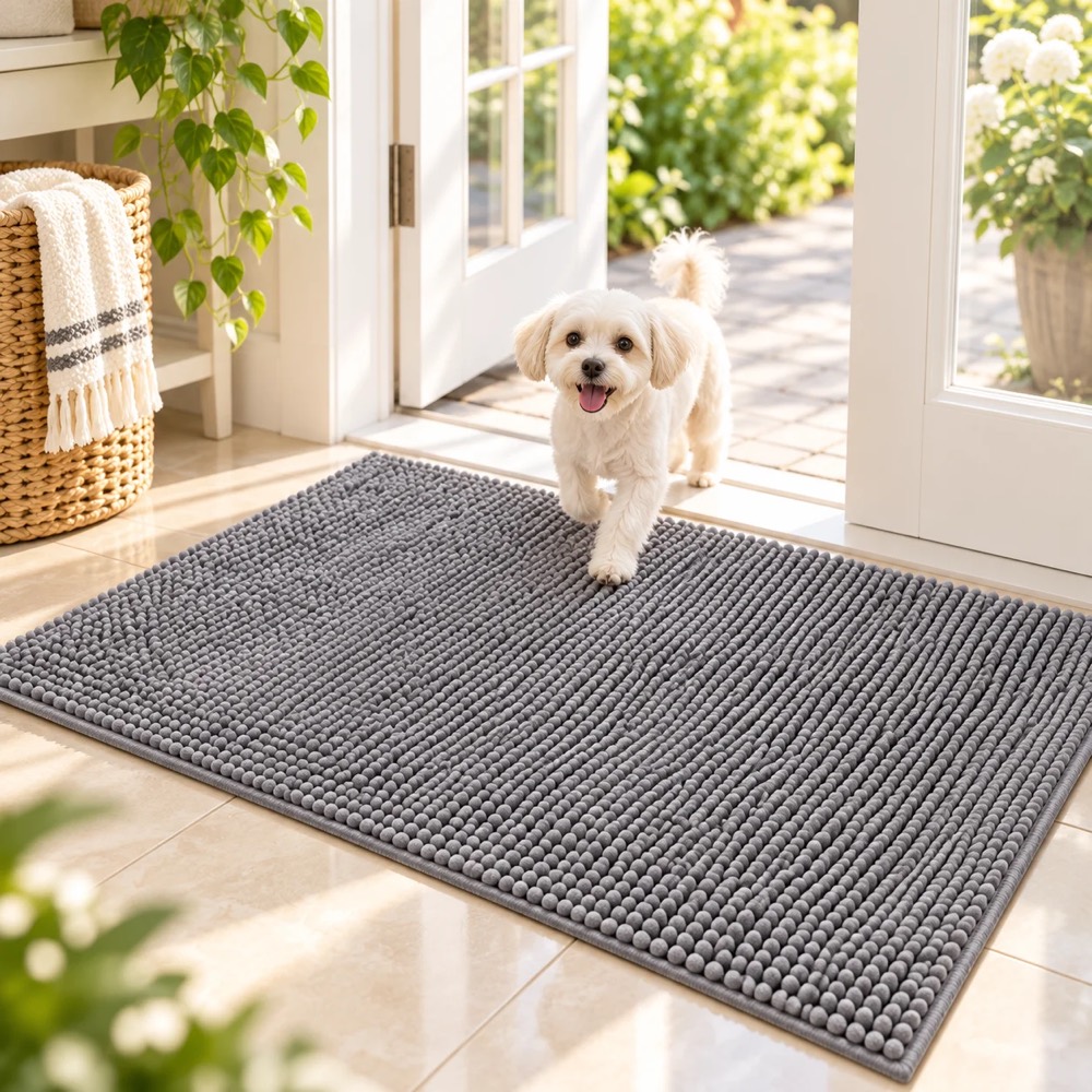 Small dog walking onto the Waggira Paw Cleaning Mat indoors